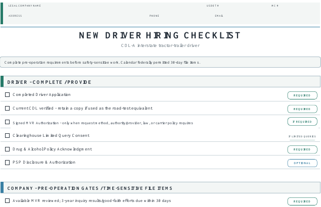 NEW DRIVER HIRING CHECKLIST — настоящий английский документ, подробное содержимое защищено